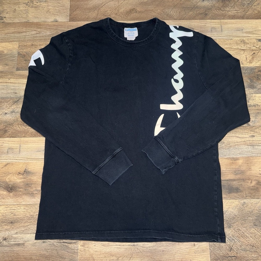 Champion Shirt Mens Large Black Cotton Logo Print Long Sleeve Casual